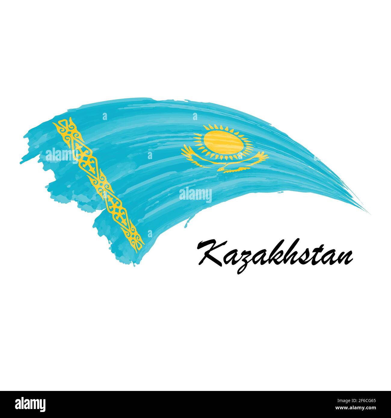 Watercolor Painting Flag Of Kazakhstan Hand Drawing Brush Stroke