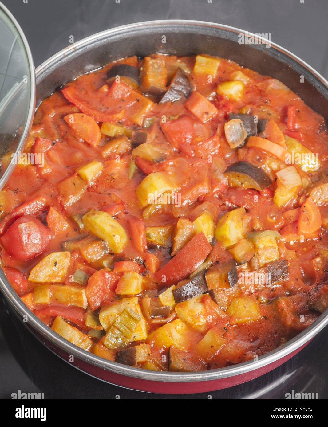 Vertical Shot Of Pisto Spanish Vegetable Stew On A Casserole Stock