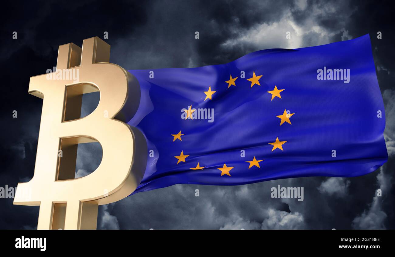 Gold Bitcoin Cryptocurrency With A Waving Europe Flag D Rendering