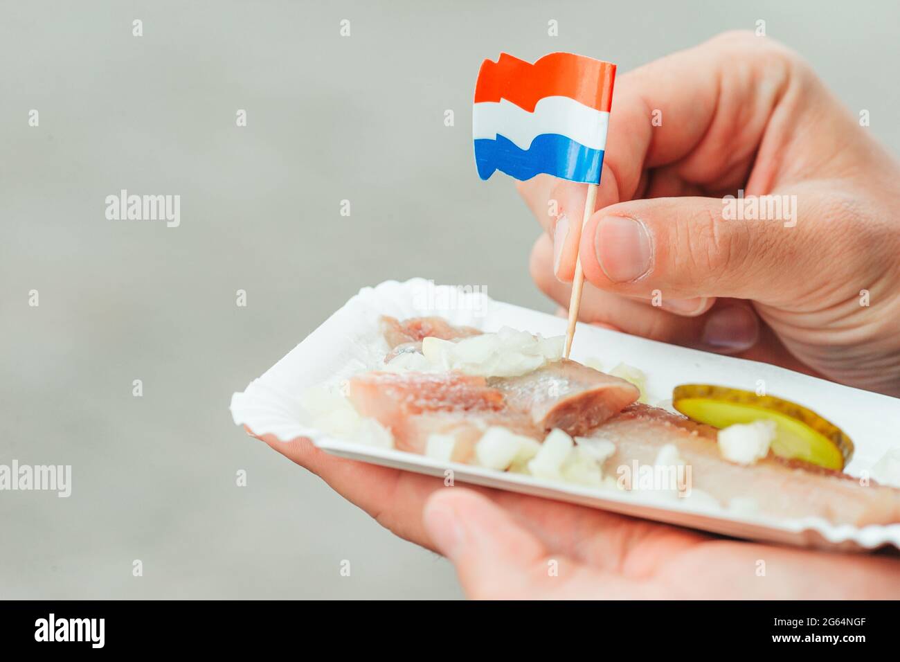 Tasty Fresh Herring With Onion And Netherland Flag On The Water Channel