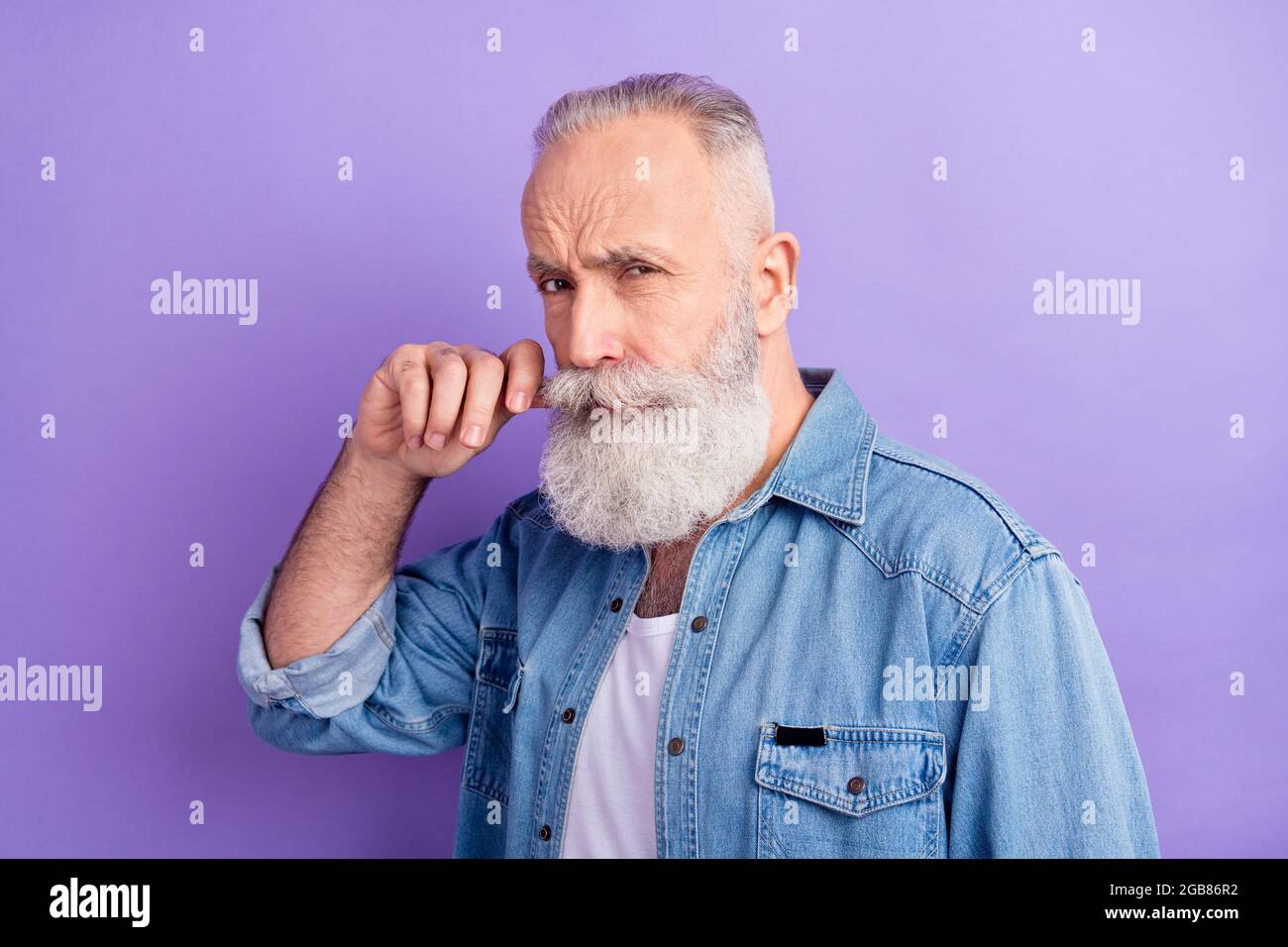 Photo Of Cute Confident Mature Man Dressed Denim Outfit Arm Mustaches