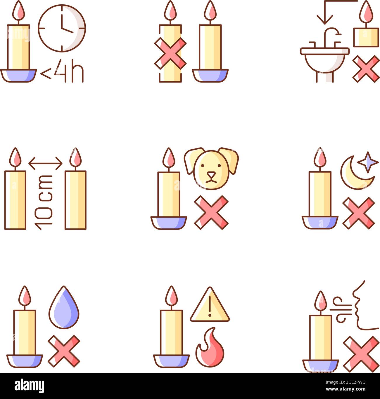 Candle Safety Regulations Rgb Color Manual Label Icons Set Stock Vector