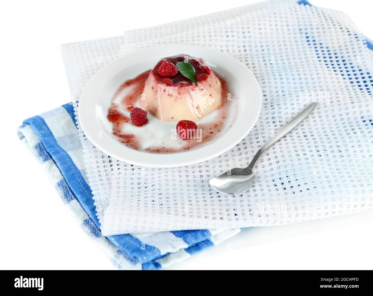 Panna Cotta With Raspberry Sauce Isolated On White Stock Photo Alamy