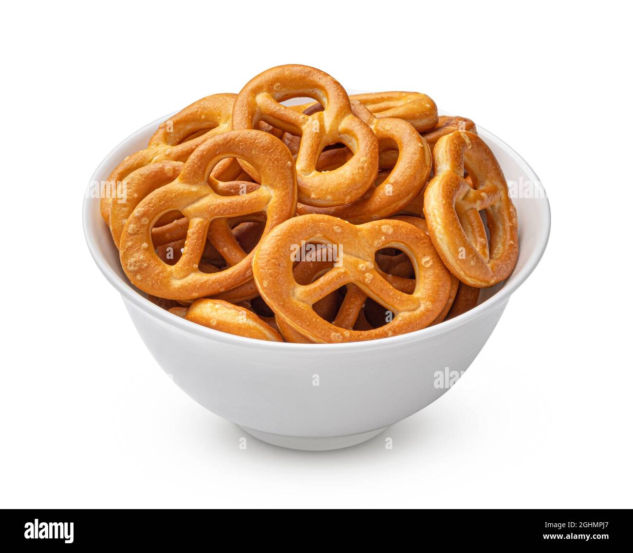 Salted Pretzels In Bowl Isolated On White Background Stock Photo Alamy