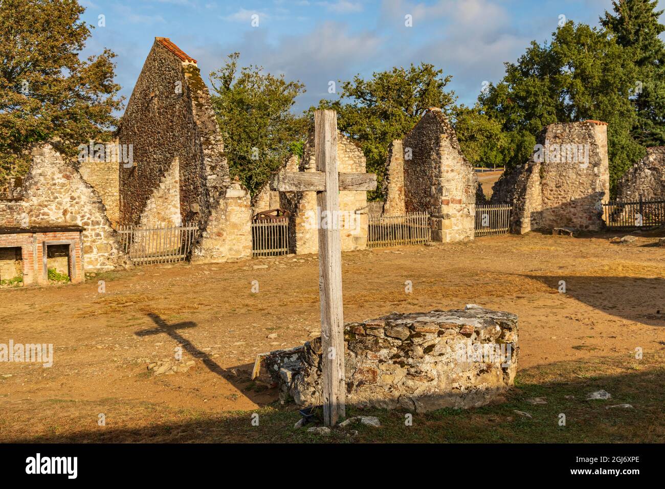 Europe France Haute Vienne Oradour Sur Glane Wooden Cross In Front