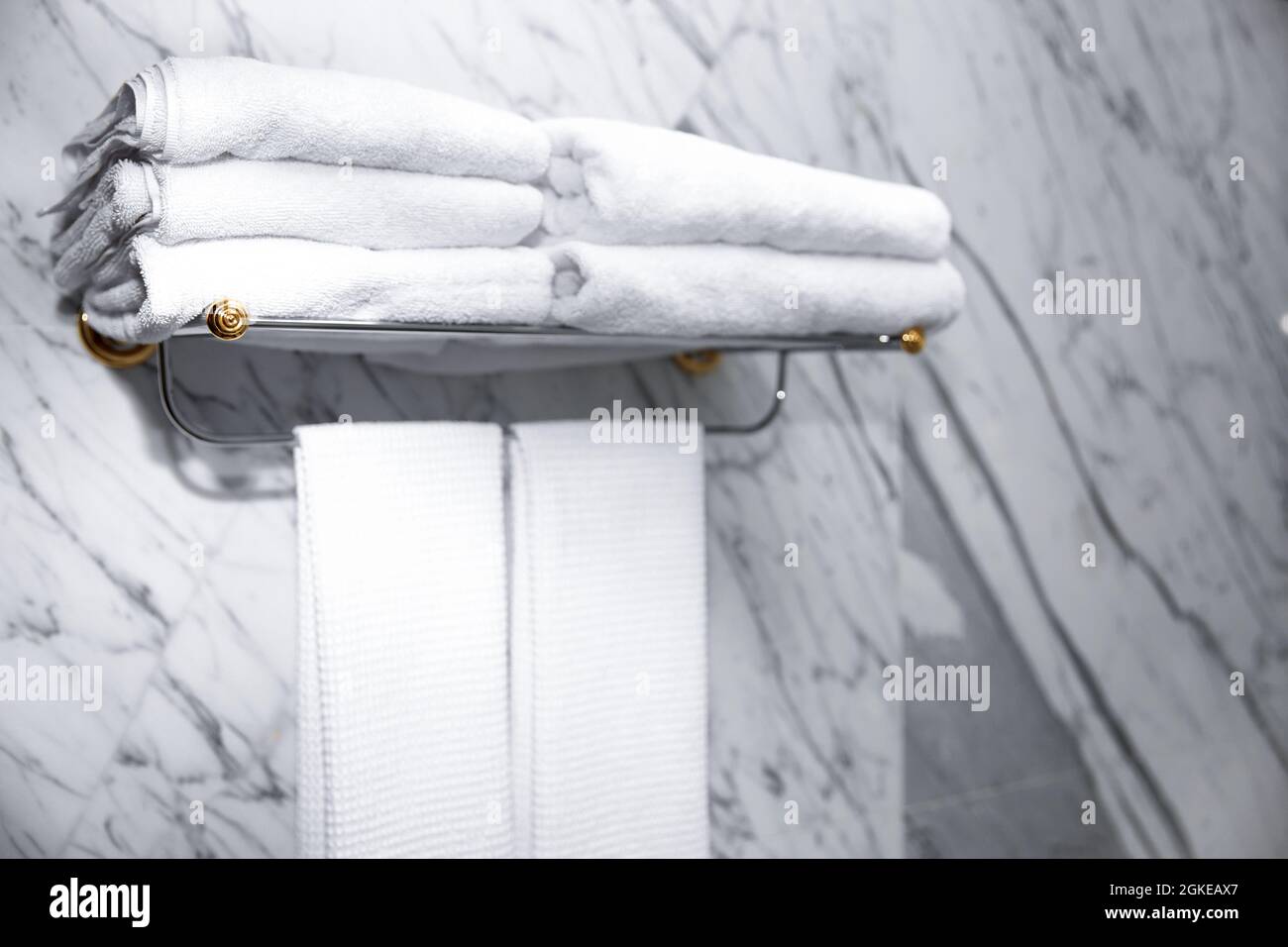 Stack Of Clean Towels On Shelf In Bathroom Stock Photo Alamy