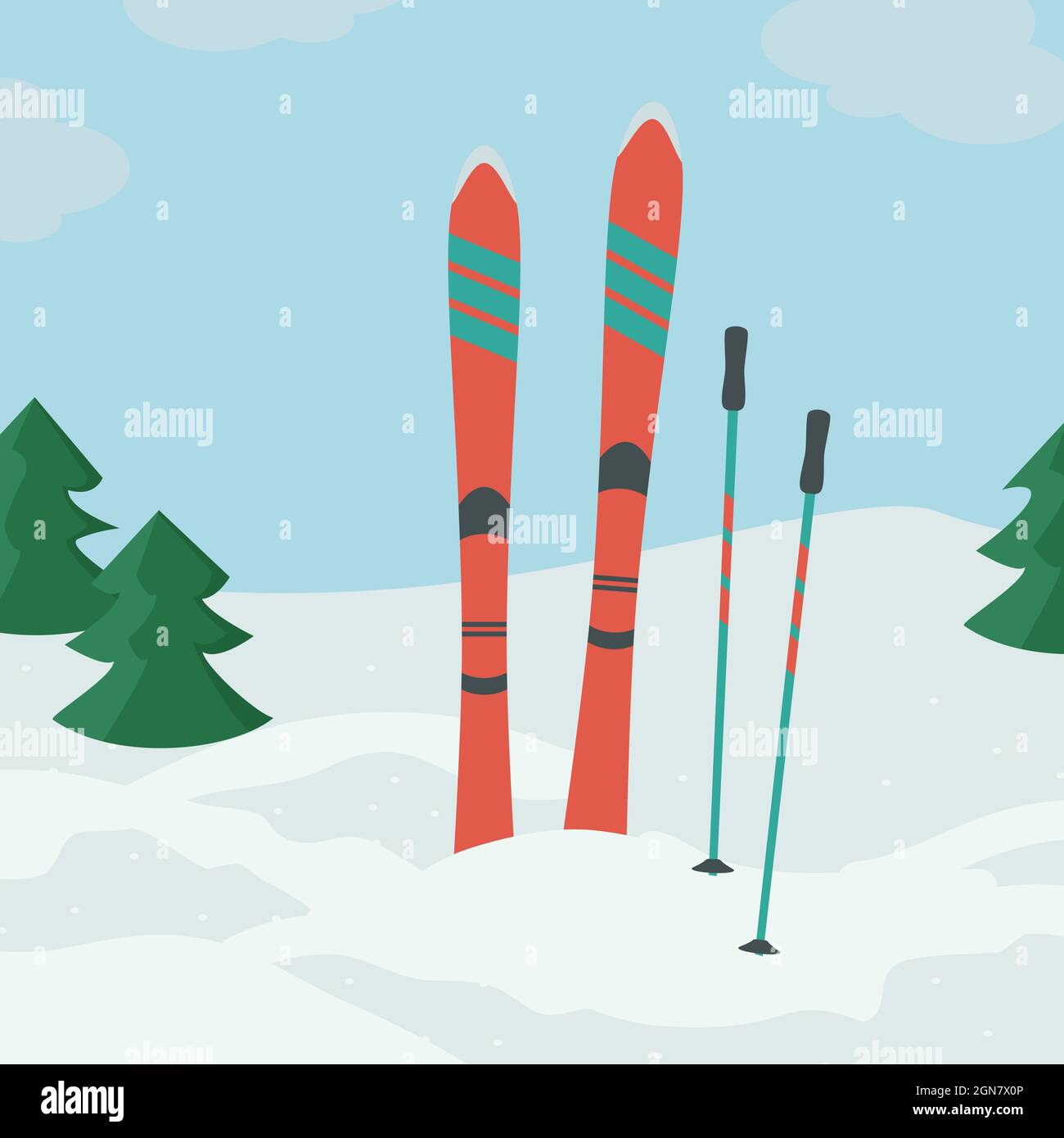 Red Ski With Ski Poles Vector Illustration Stock Vector Image Art