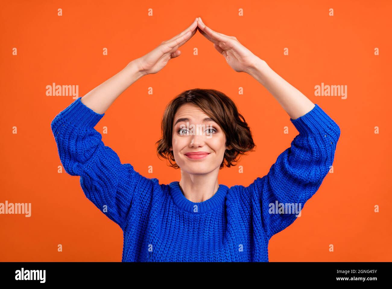 Photo Of Funky Brunette Short Hairdo Millennial Lady Hands Roof Wear