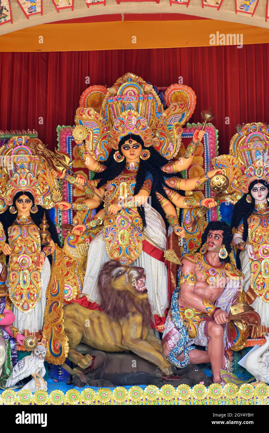 Goddess Durga Idol Decorated At Puja Pandal In Kolkata West Bengal