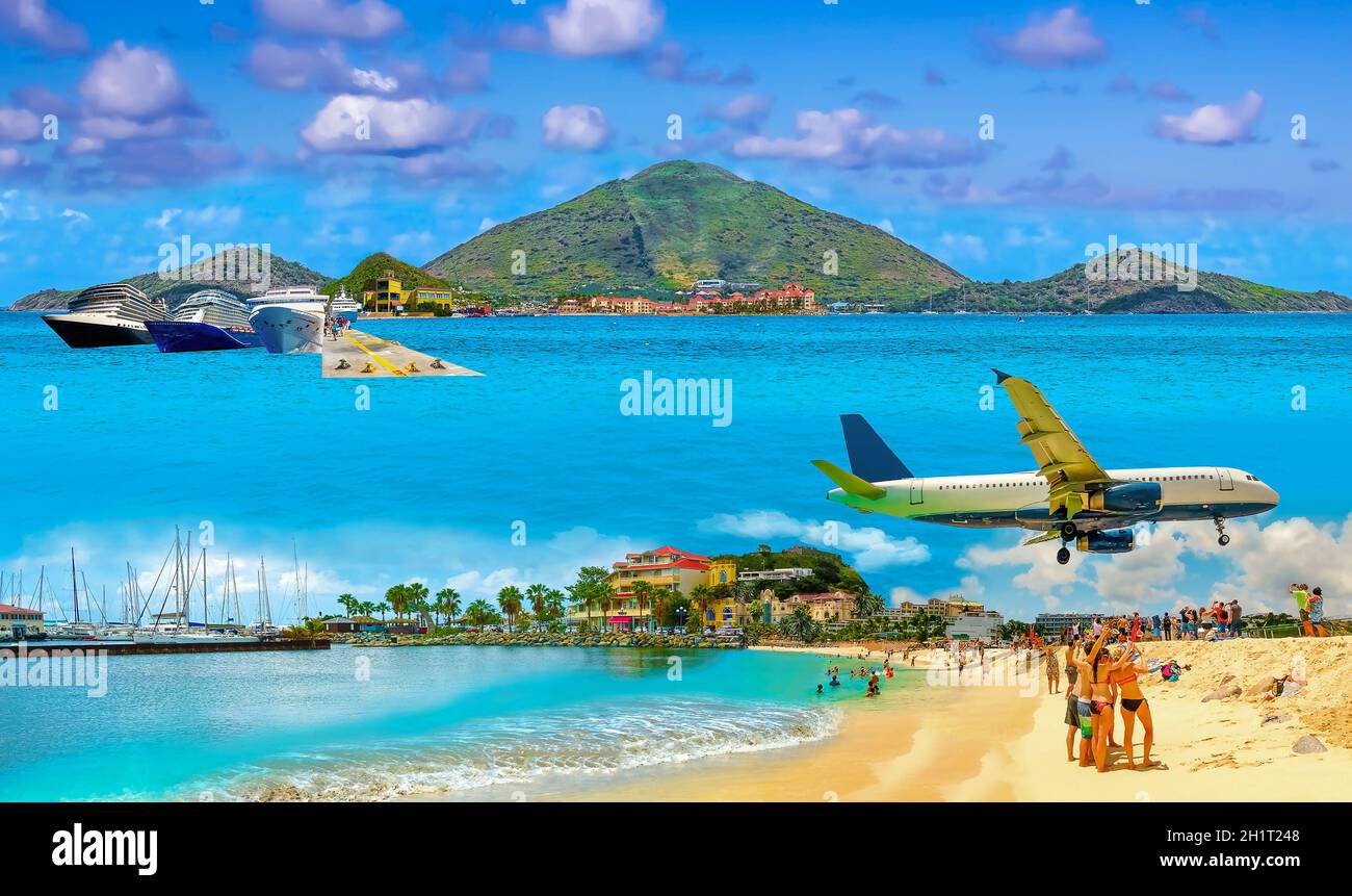 Collage From Views Of The Caribbean Beaches Of Saint Martin Stock Photo