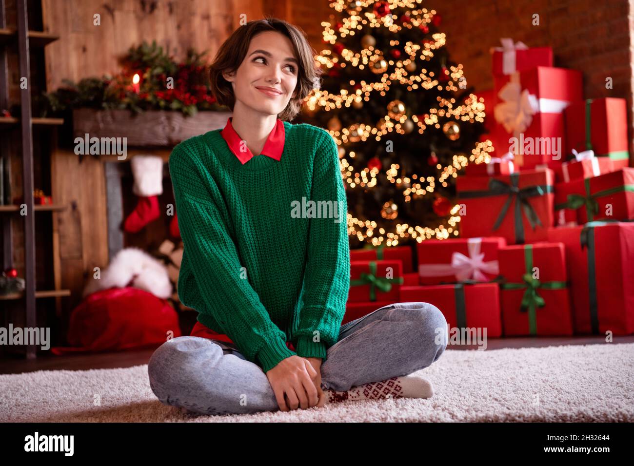 Full Size Photo Of Nice Millennial Brunette Lady Look Wear Green