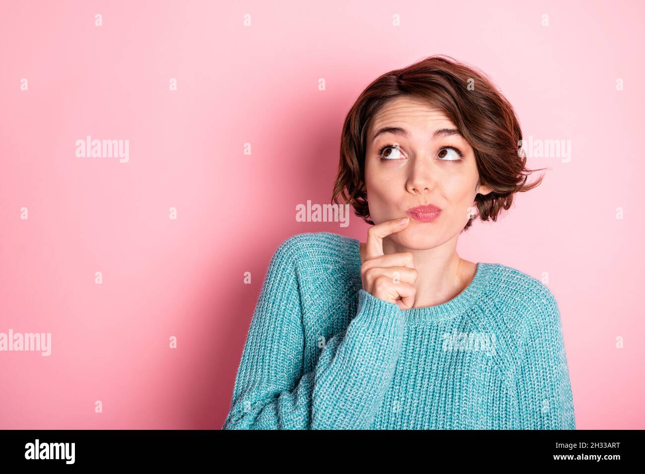 Portrait Of Nice Unsure Curly Brunette Hairdo Lady Finger Face Look