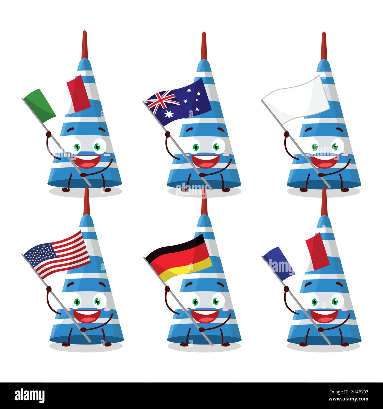 Blue Long Trumpet Cartoon Character Bring The Flags Of Various