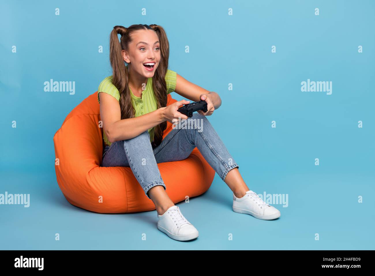 Full Size Photo Of Hooray Millennial Brunette Lady Sit On Chair Play