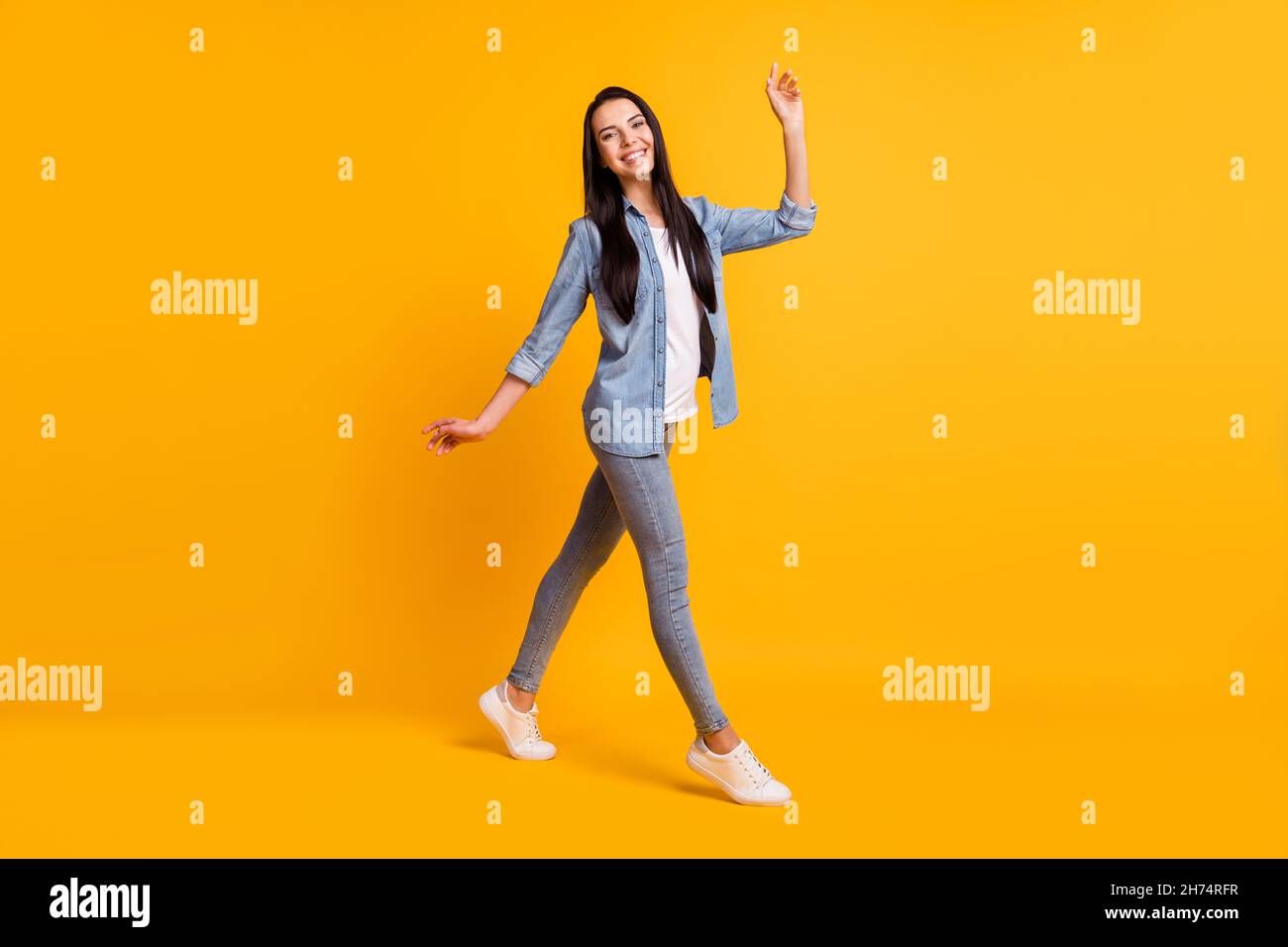 Full Size Profile Photo Of Nice Optimistic Brunette Lady Go Wear Blue