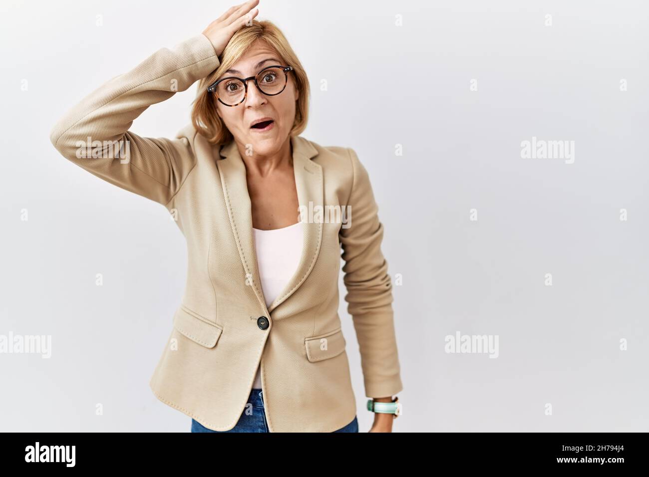 Middle Age Blonde Business Woman Standing Over Isolated Background