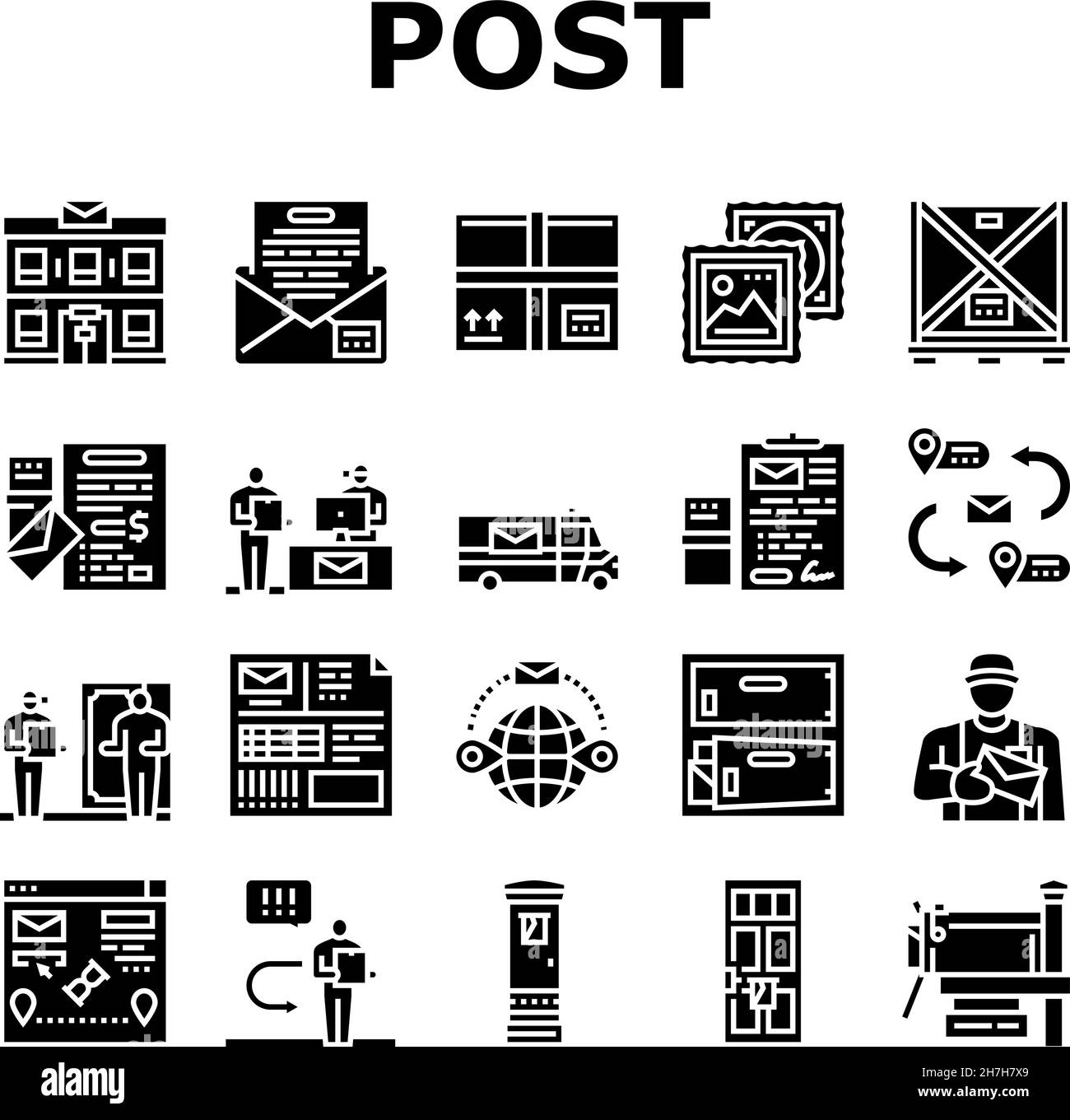 Post Office Delivery Service Icons Set Vector Truck Transport Parcel