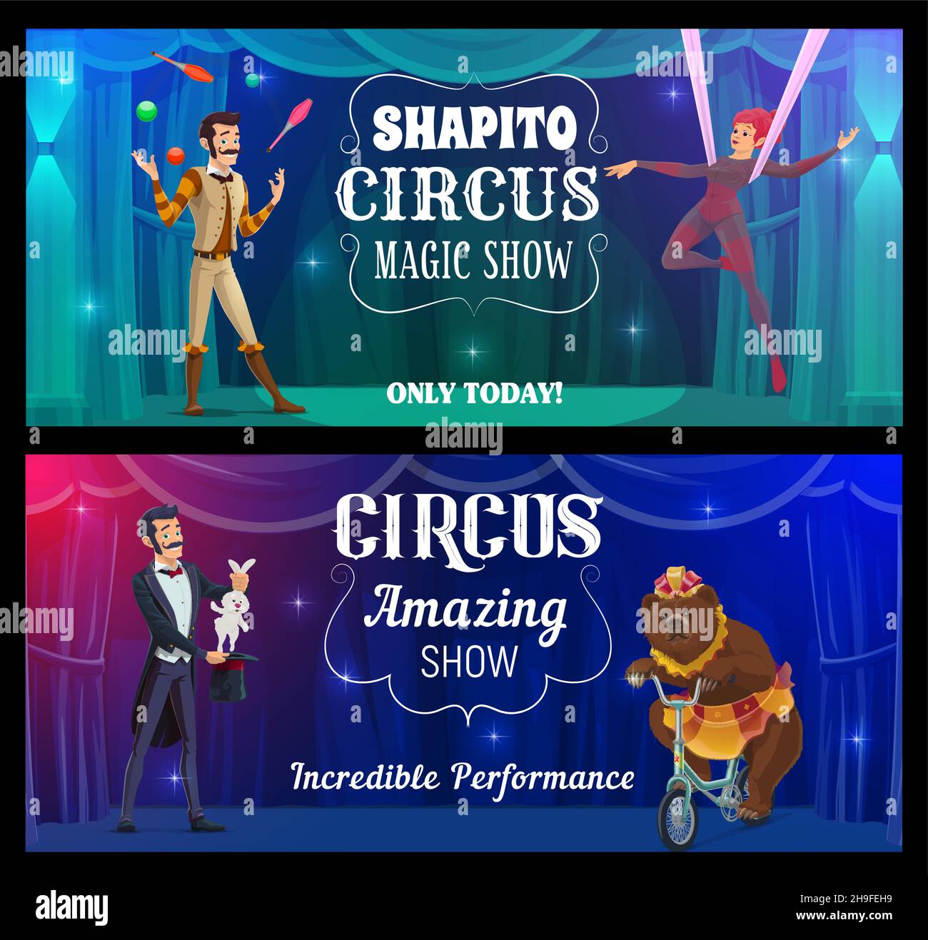 Shapito Circus Cartoon Juggler Magician Acrobat And Bear Vector