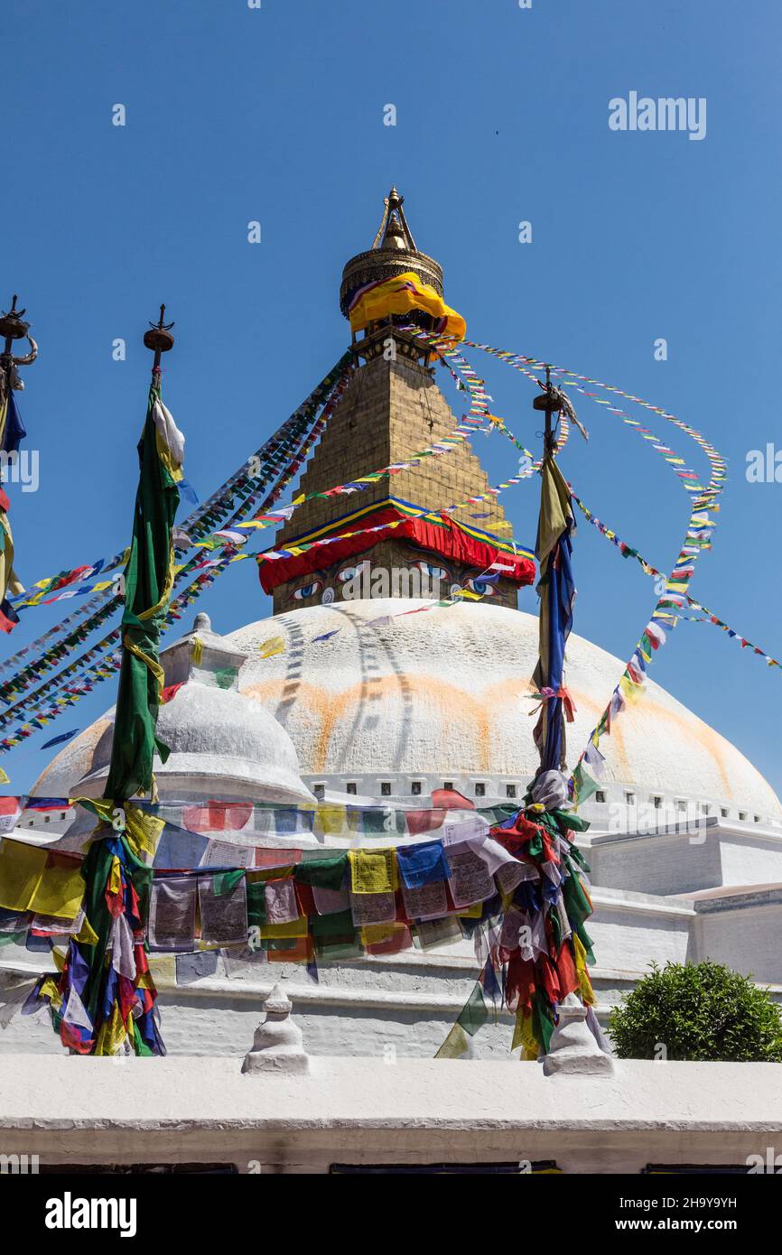 The Dome Harmika And Spire Of The Boudhanath Stupa With Prayer Flags