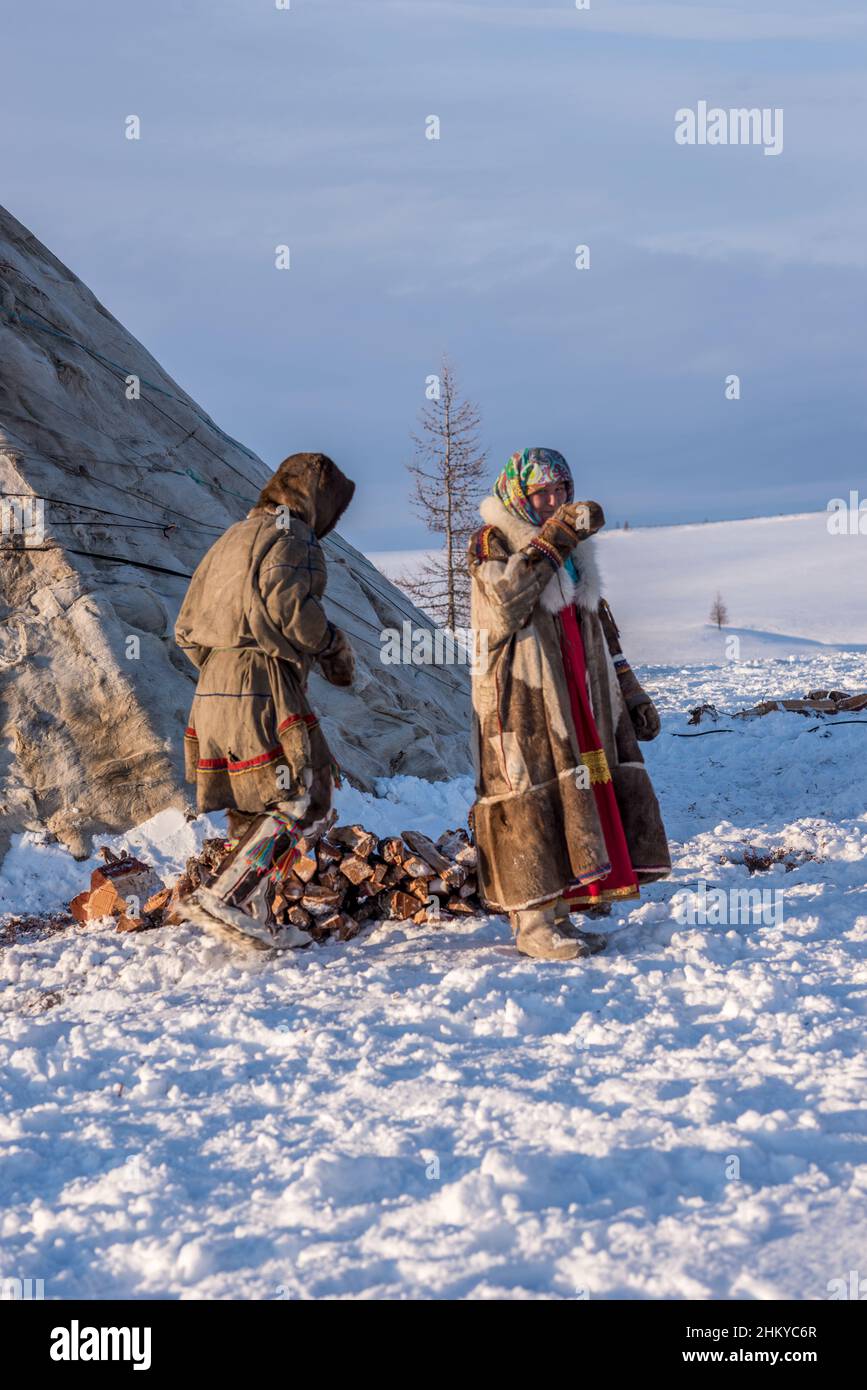 A Nenet Man And Woman Out Of A Typical Chum Tent In The Snow Yamalo