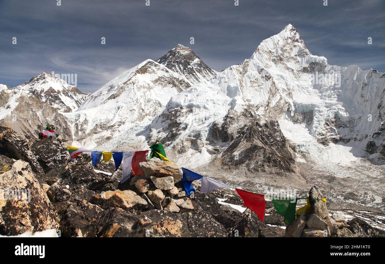 View Of Mount Everest With Buddhist Prayer Flags From Kala Patthar Way