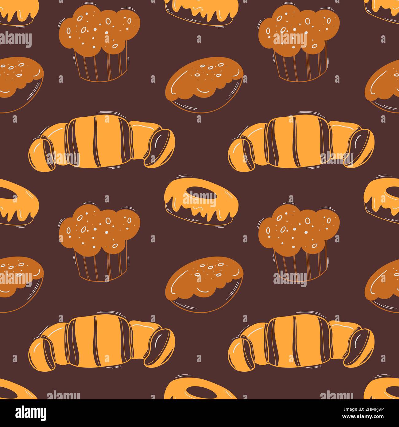 Bakery Colored Seamless Pattern With Pastry Cakes Donuts Buns And