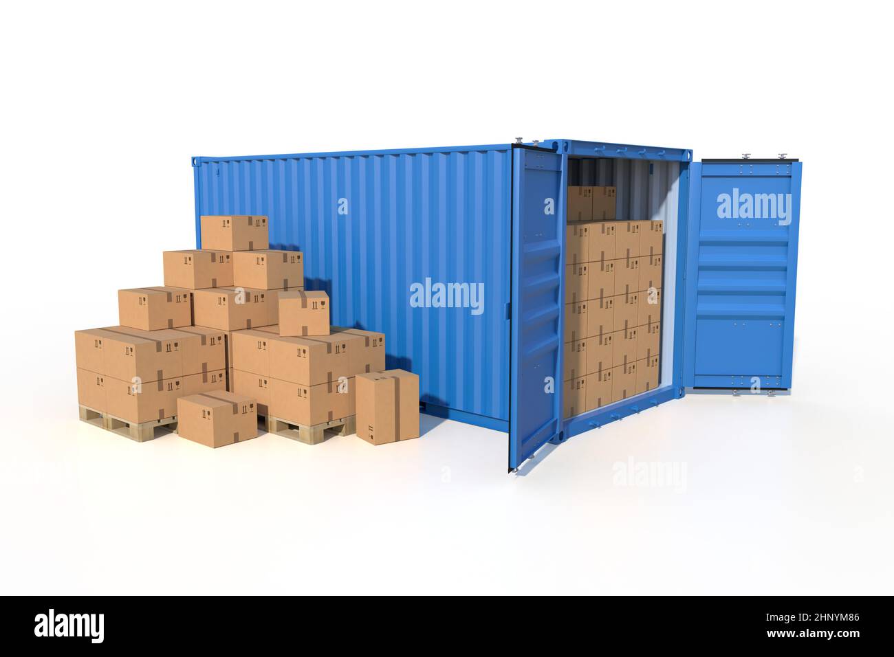 Ship Cargo Container Side View Open Doors Full With Cardboard Boxes