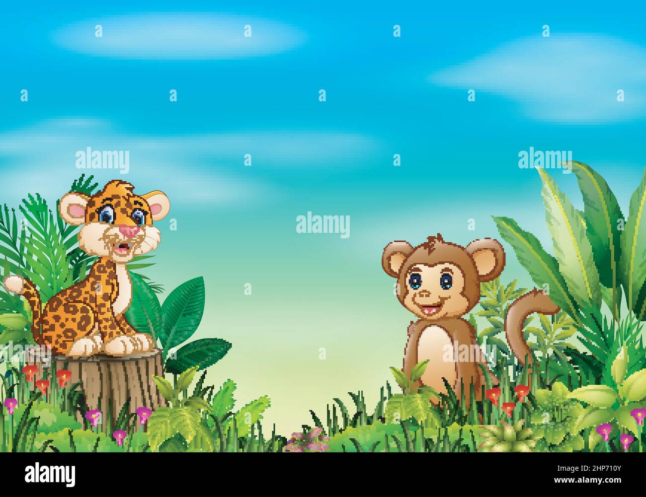 Nature Scene With A Baby Leopard Sitting On Tree Stump And Monkey Stock