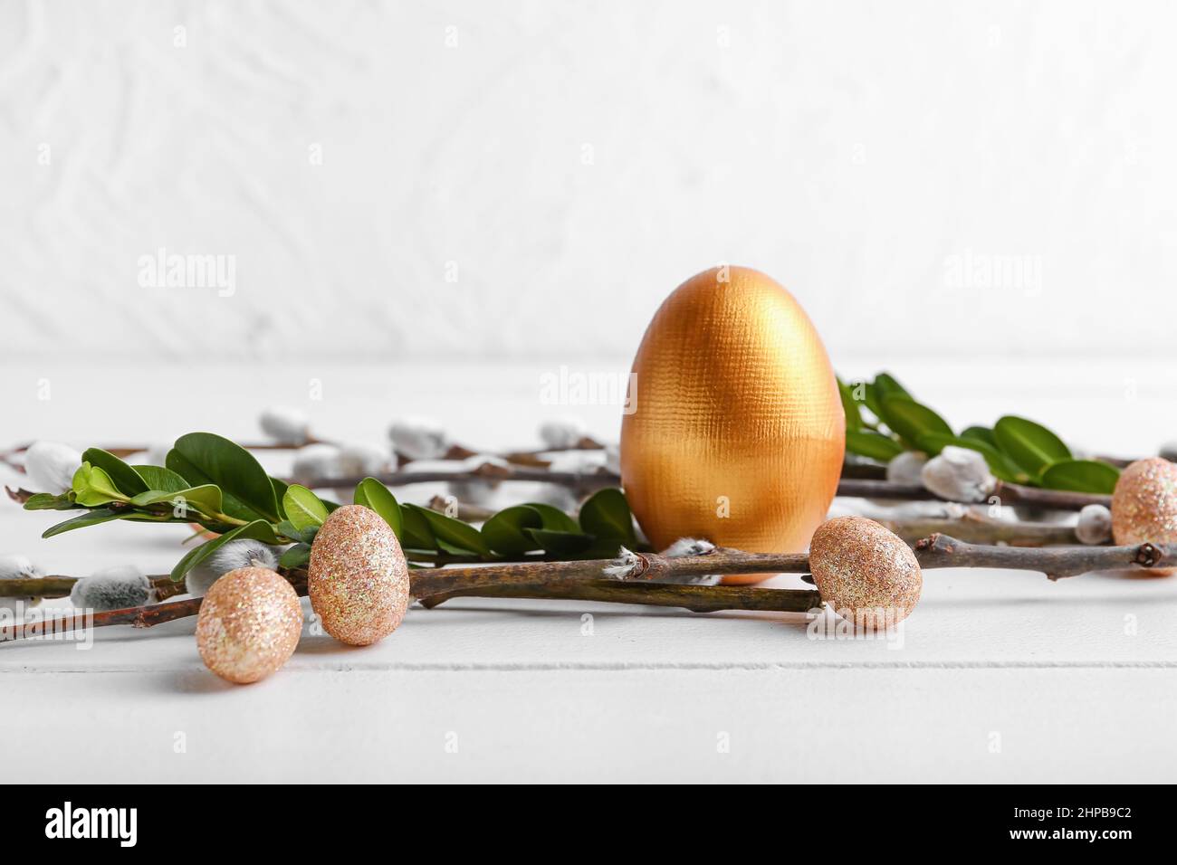 Painted Easter Eggs And Pussy Willow Branches On Light Background Stock