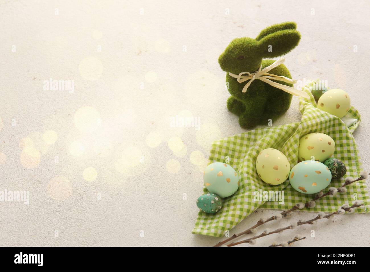 Painted Easter Eggs Bunny And Pussy Willow Branches On Light