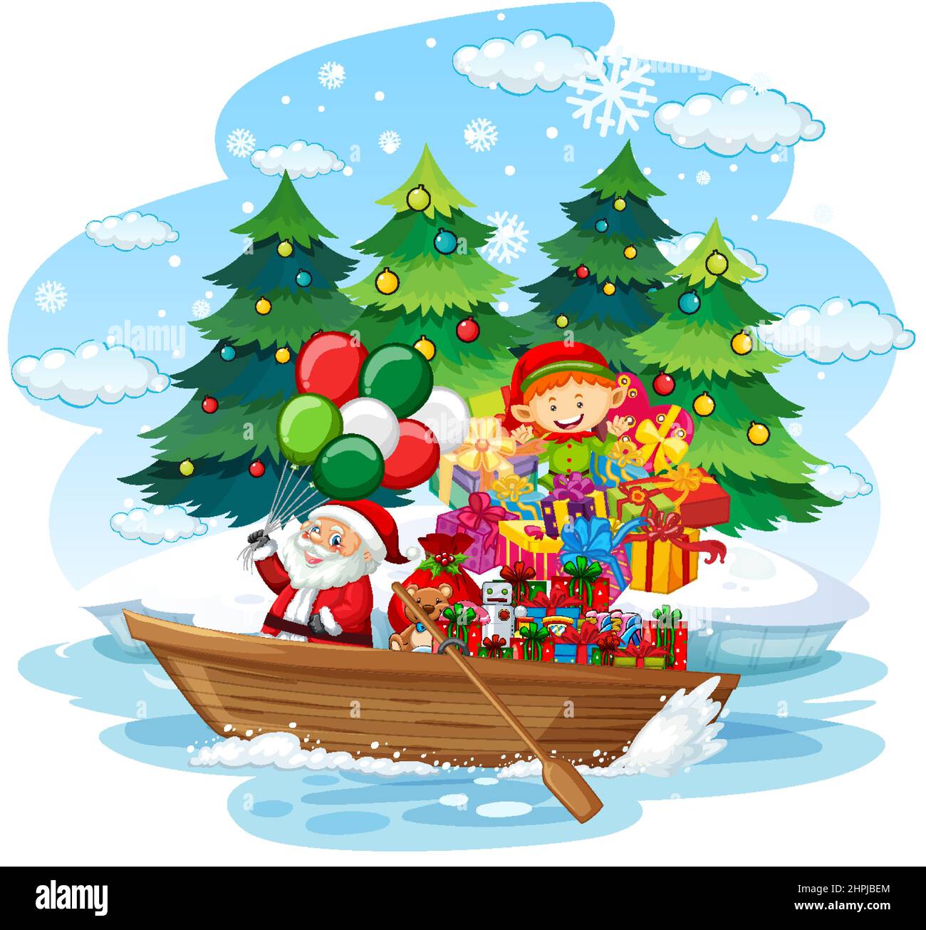 Santa Claus And Elf Delivering Gifts By Boat Illustration Stock Vector