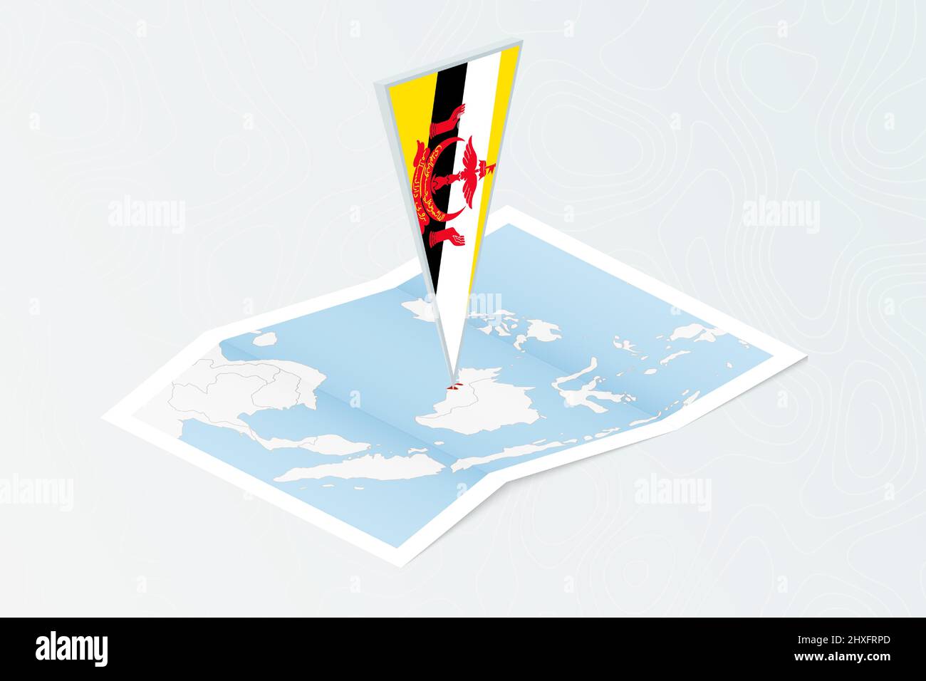 Isometric Paper Map Of Brunei With Triangular Flag Of Brunei In