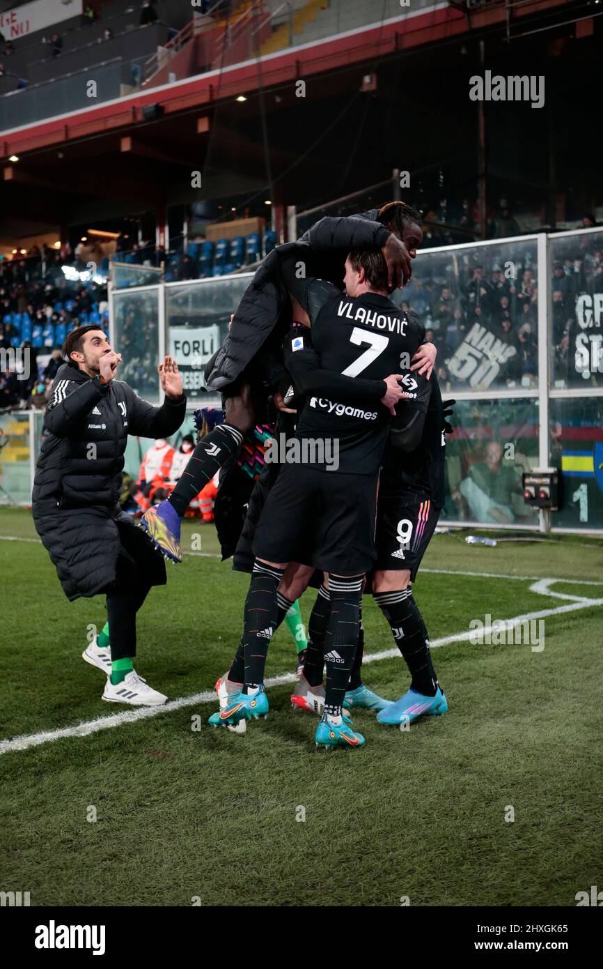 Alvaro Morata Of Juventus Fc Celebrating With Team Mates After Scrigni