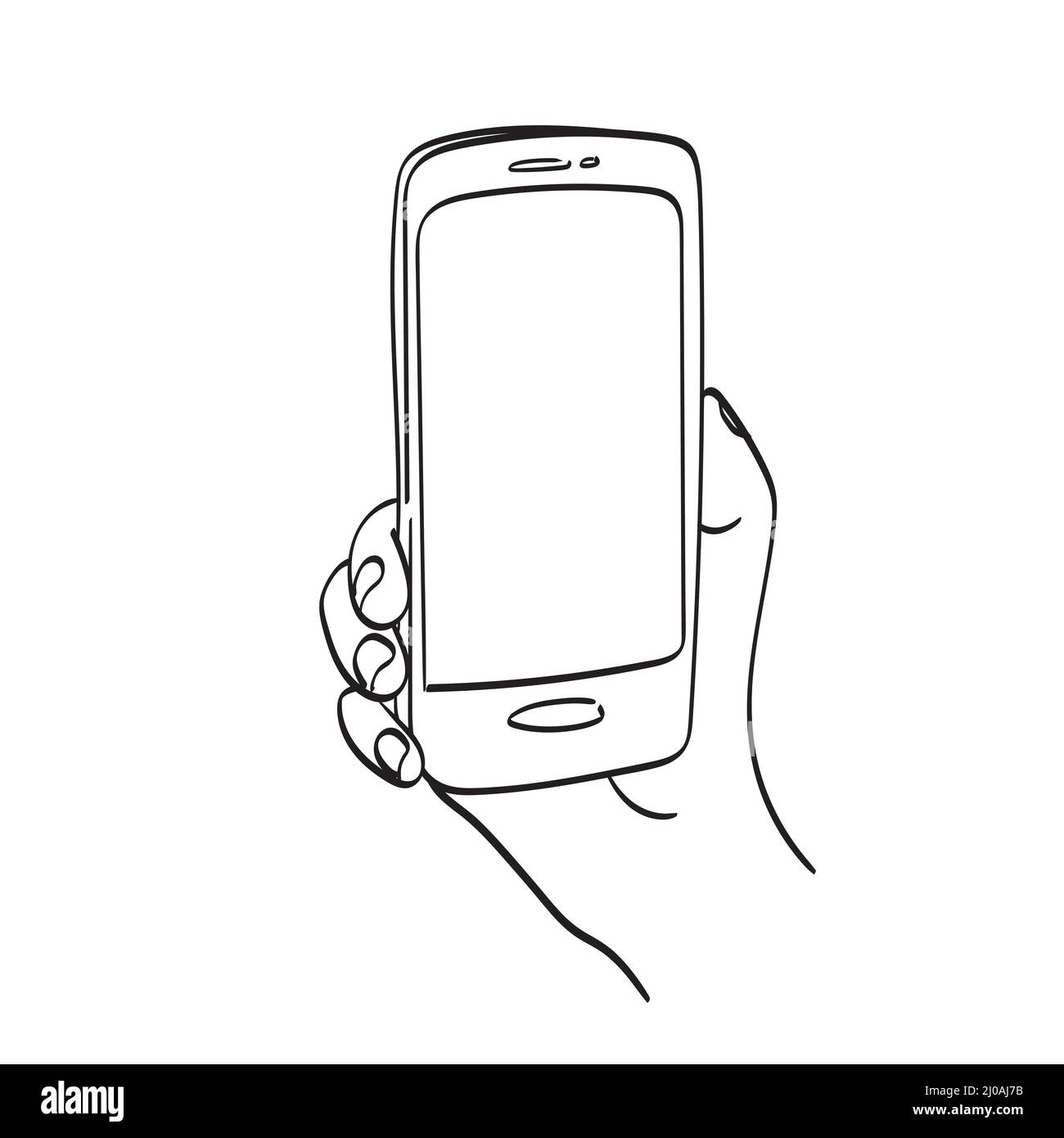 Line Art Closeup Hand Holding Smartphone With Blank Space Illustration