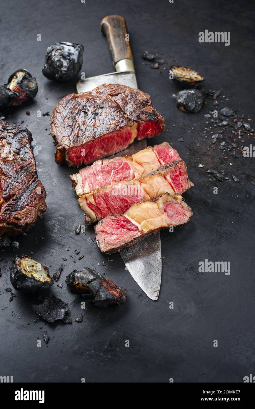 Traditional Barbecue Dry Aged Wagyu Rib Eye Beef Steaks With Charred