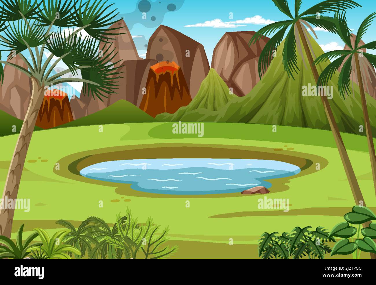 Scene With Volcano And Pond In Forest Illustration Stock Vector Image