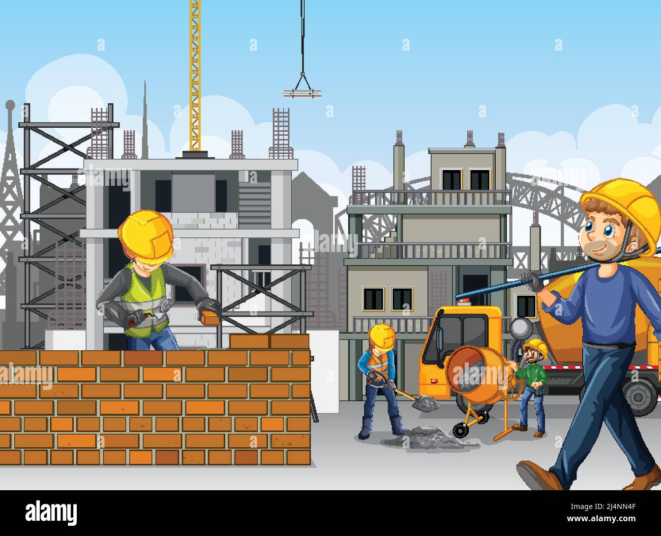 Building Construction Site With Workers Illustration Stock Vector Image