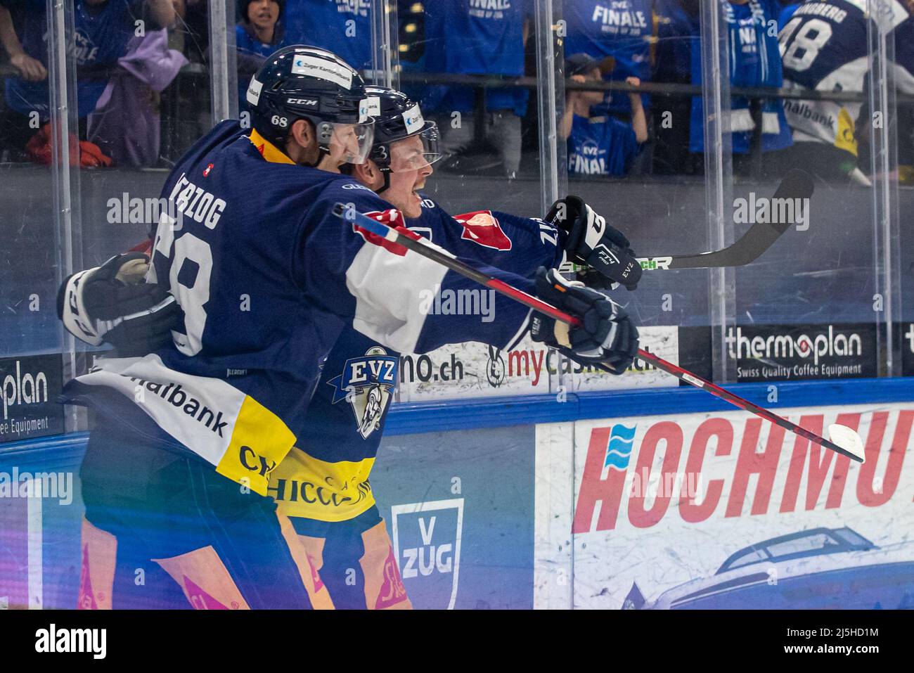 Fabrice Herzog 68 EV Zug Cheers With Goal Scorer Gregory Hofmann 15