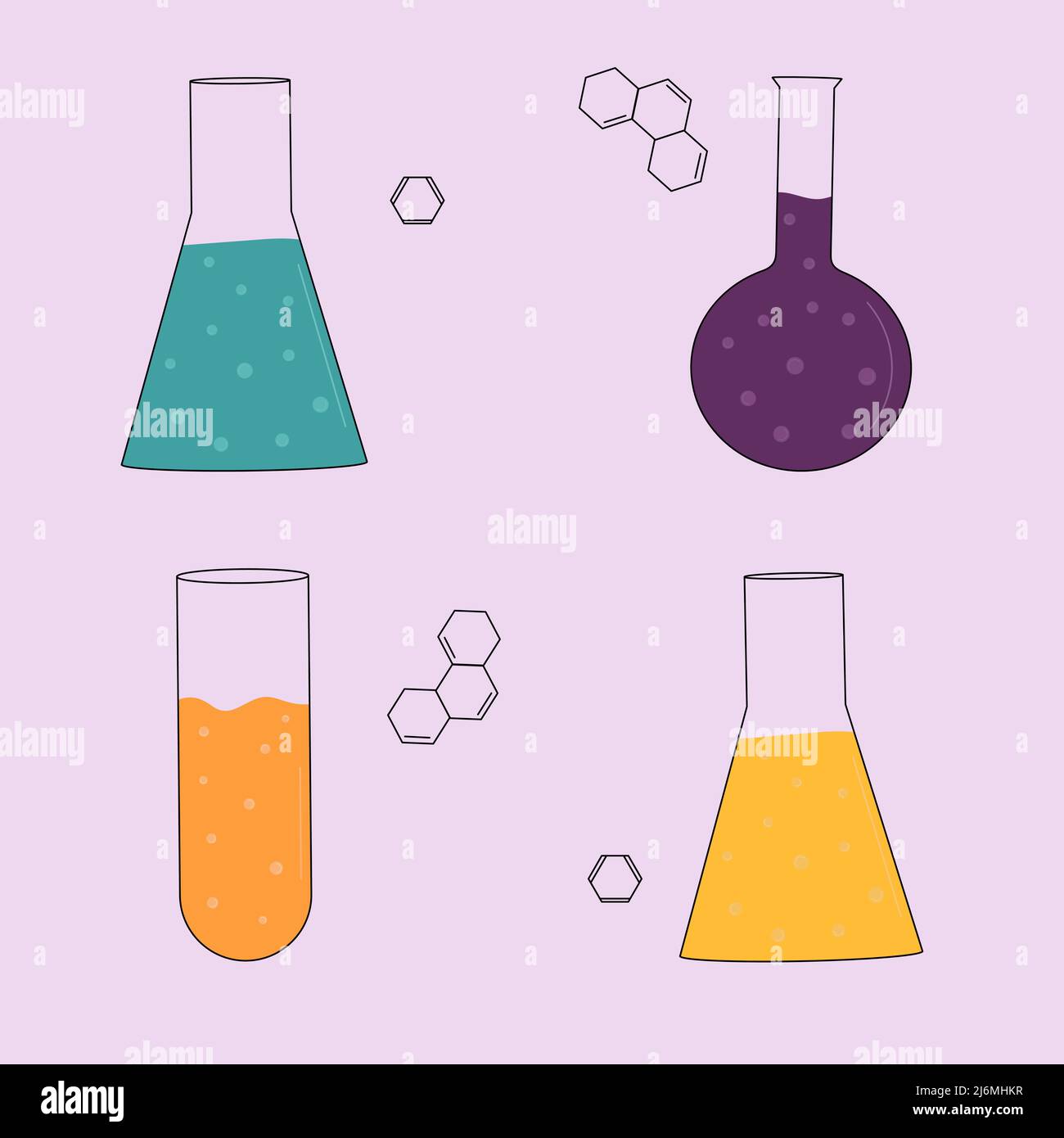 Chemistry Multicolored Chemical Flasks Flat Vector Illustration Stock