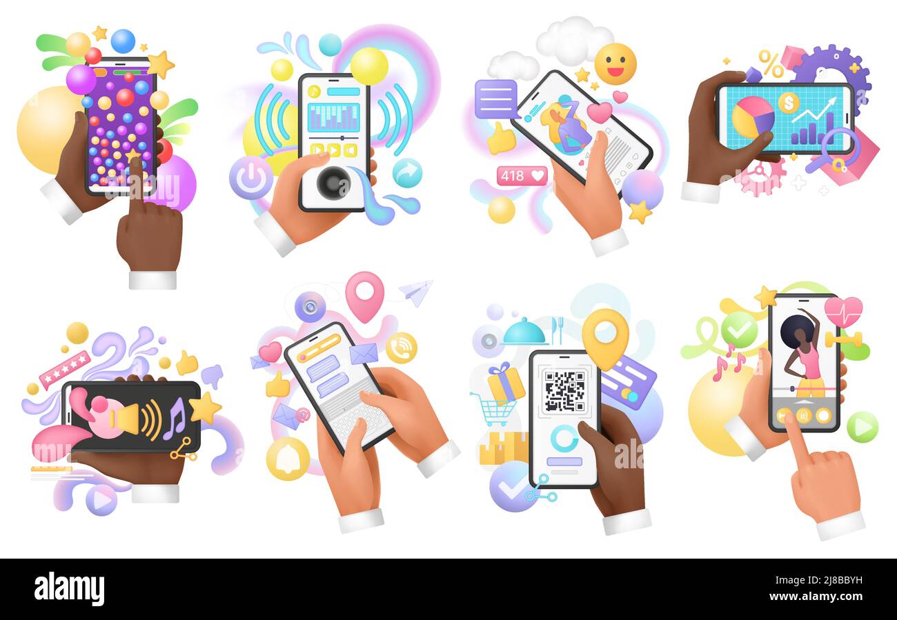 D Hands Of People Hold Mobile Phones Set Vector Illustration Arms Use