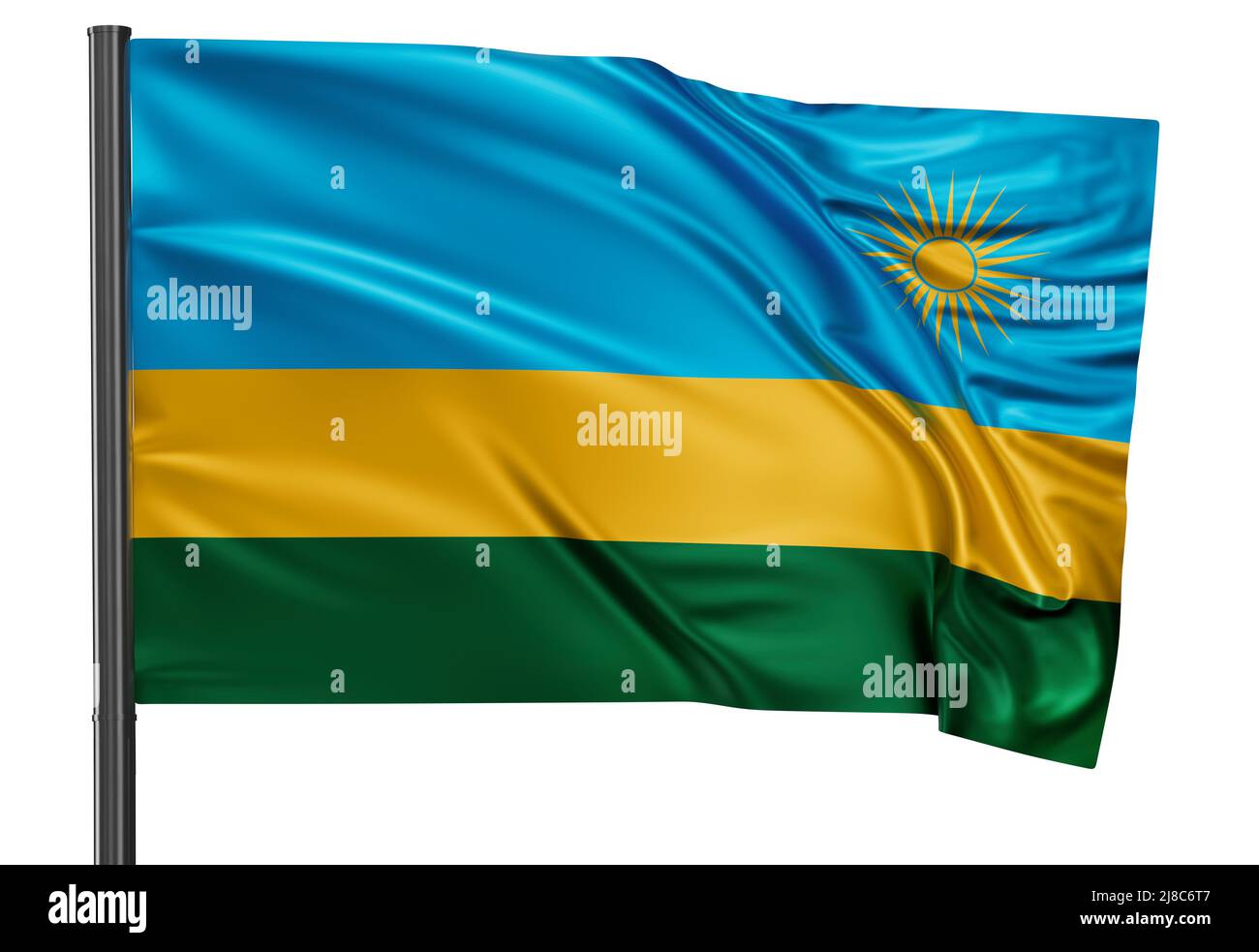 Rwanda National Flag Waving In The Wind Isolated On White Background