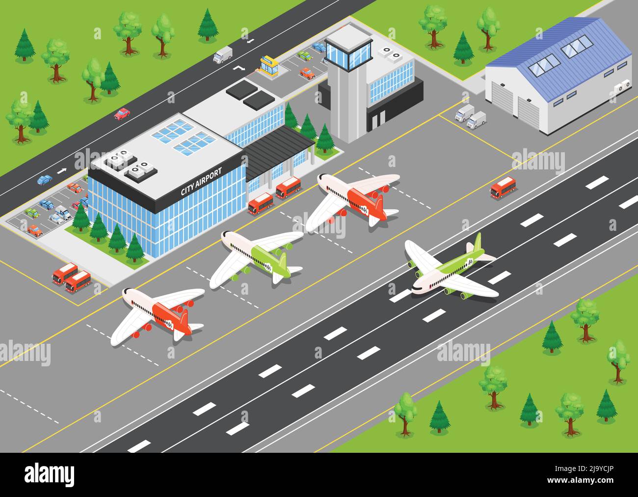 Top View Of Airport Isometric Background With Terminal Building