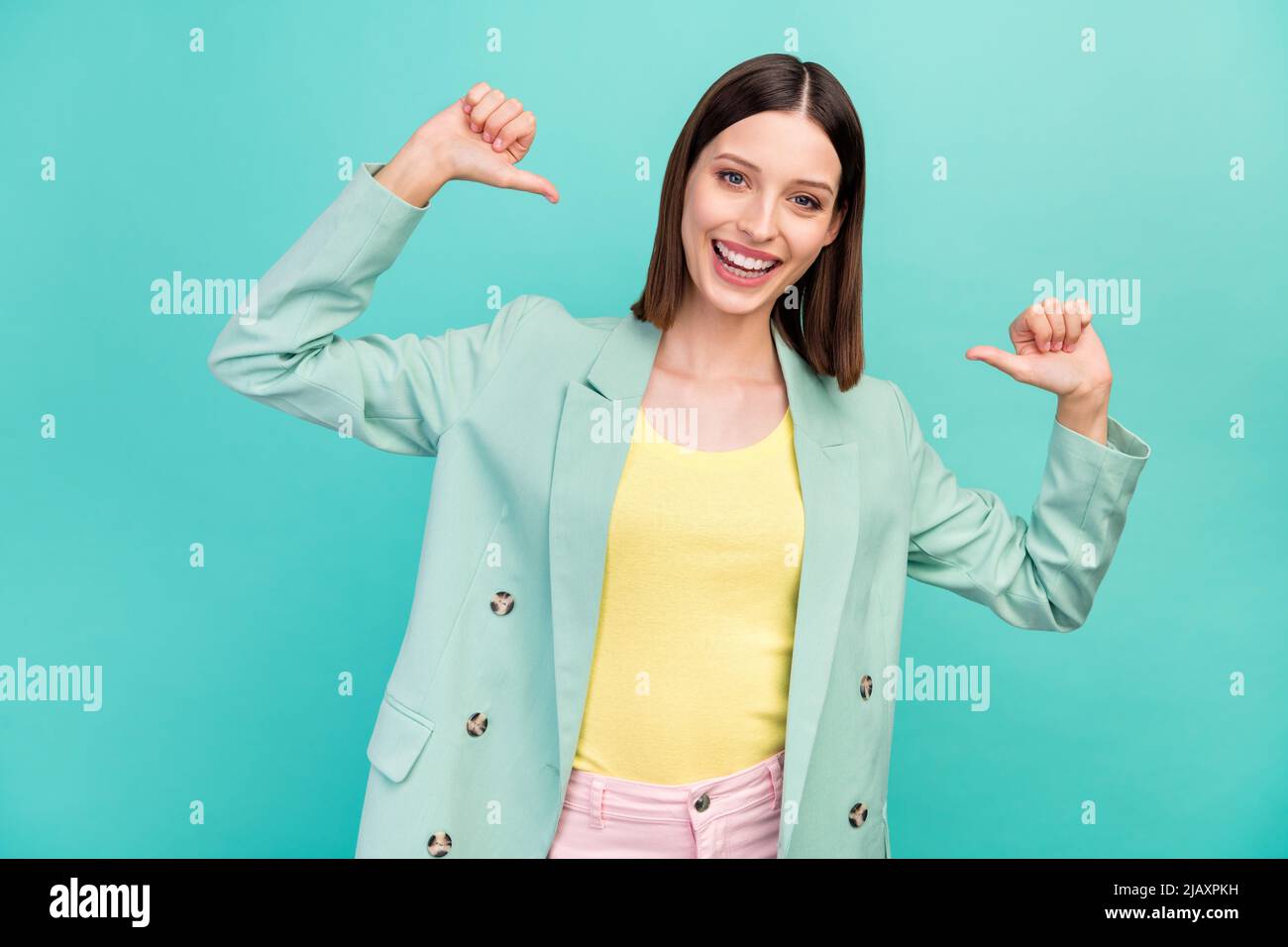 Photo Of Cool Millennial Brunette Lady Point Herself Wear Blazer