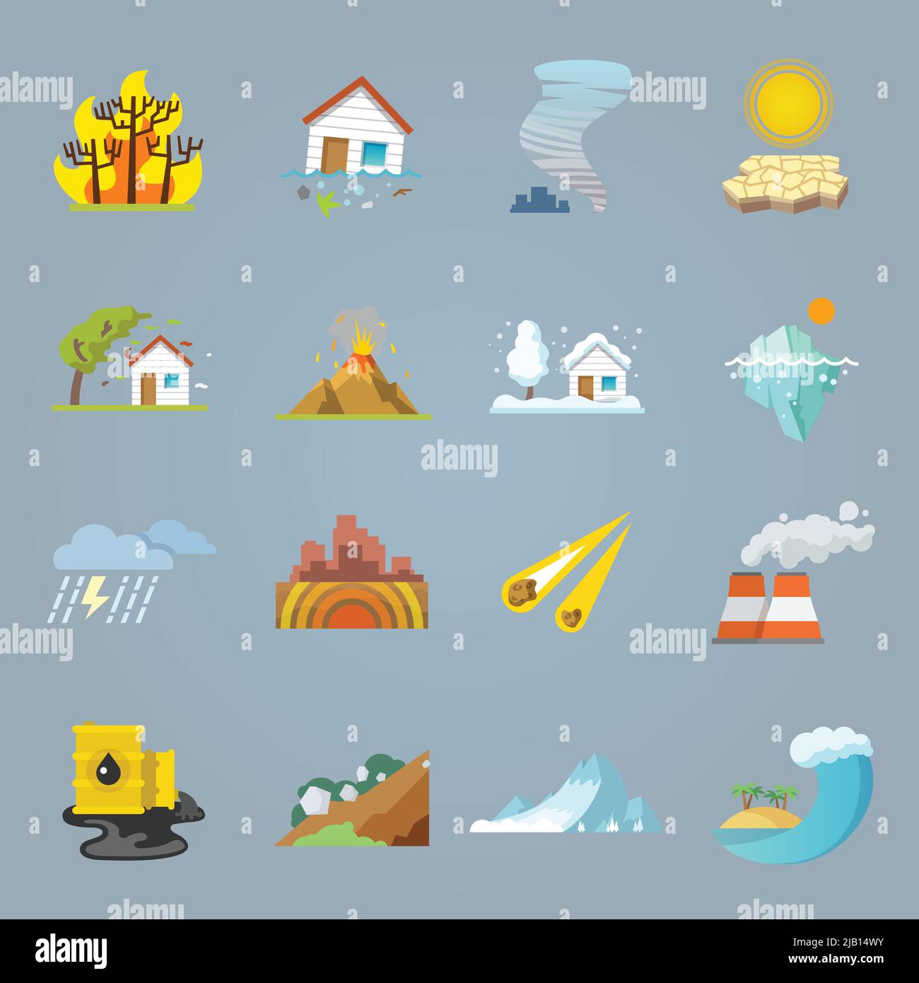 Natural Disaster Icons Flat Set With Hurricane Tornado Forest Fire