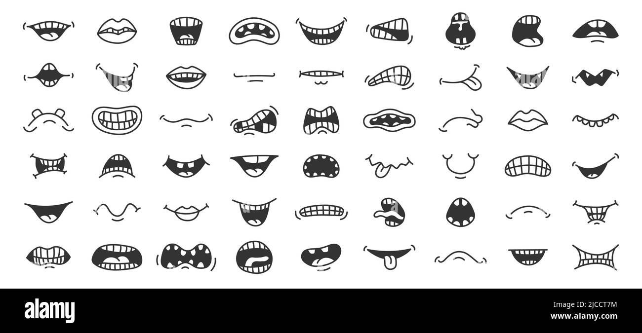 Doodle Smile Cartoon Mouth With Different Face Expression Laugh Anger