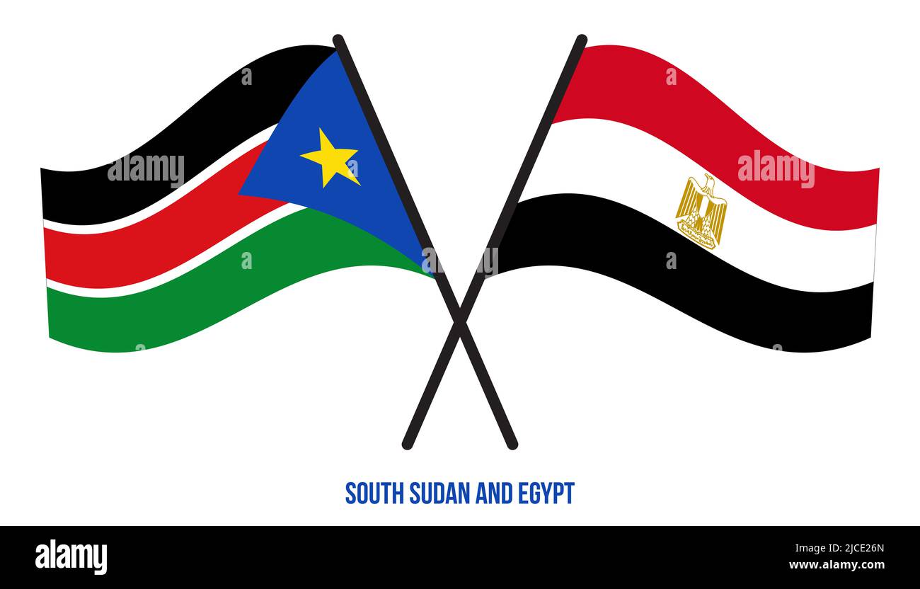 South Sudan And Egypt Flags Crossed And Waving Flat Style Official