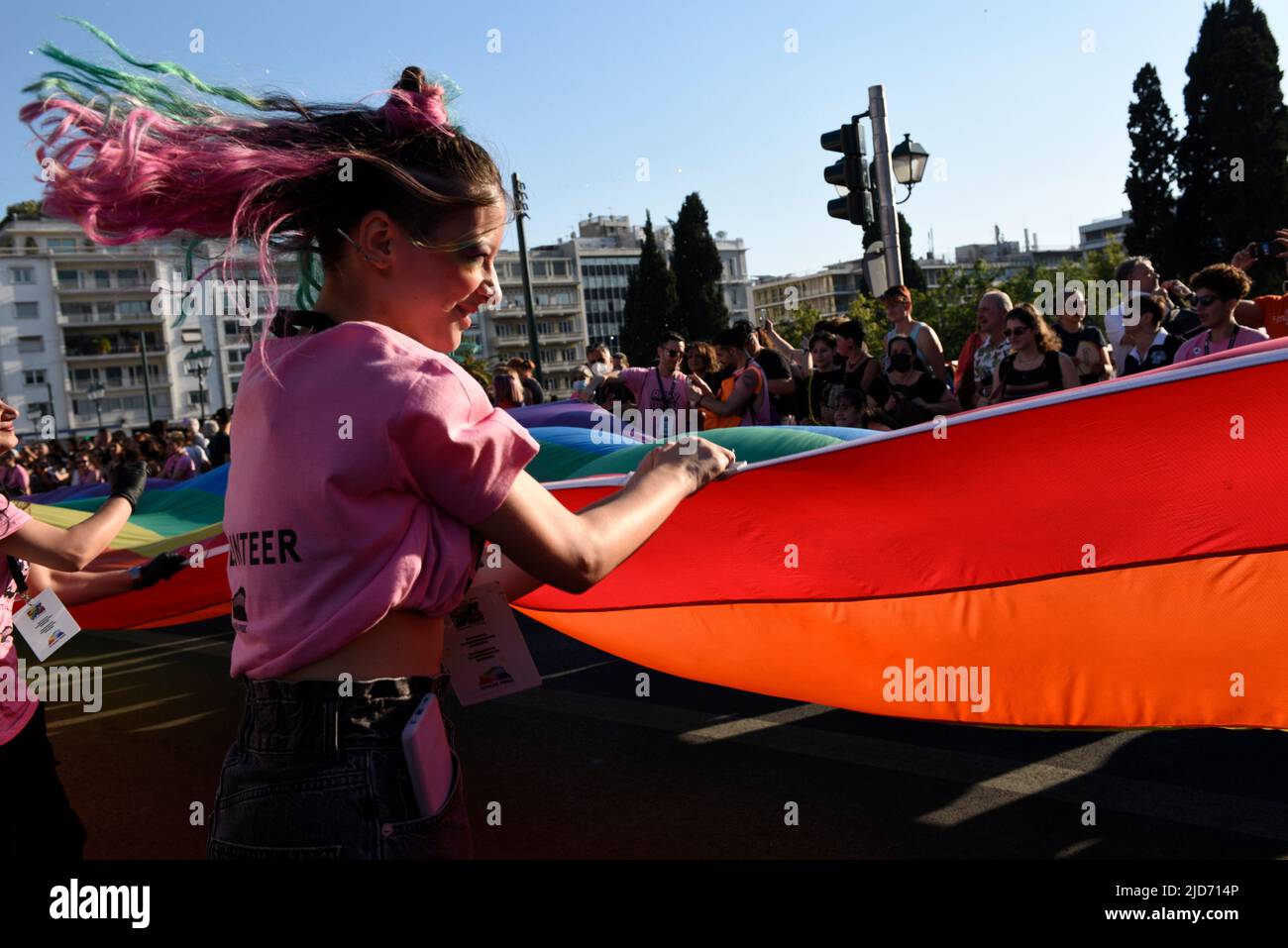 Athens Greece Th June People March Waving Rainbow Flags And