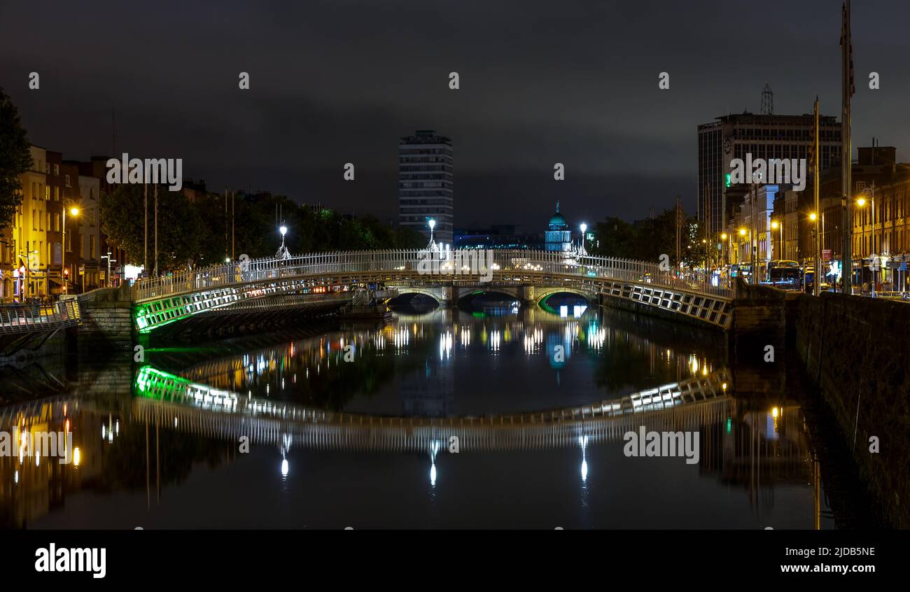 Dublin Ireland Night View Of The Famous Illuminated Ha Penny Bridge