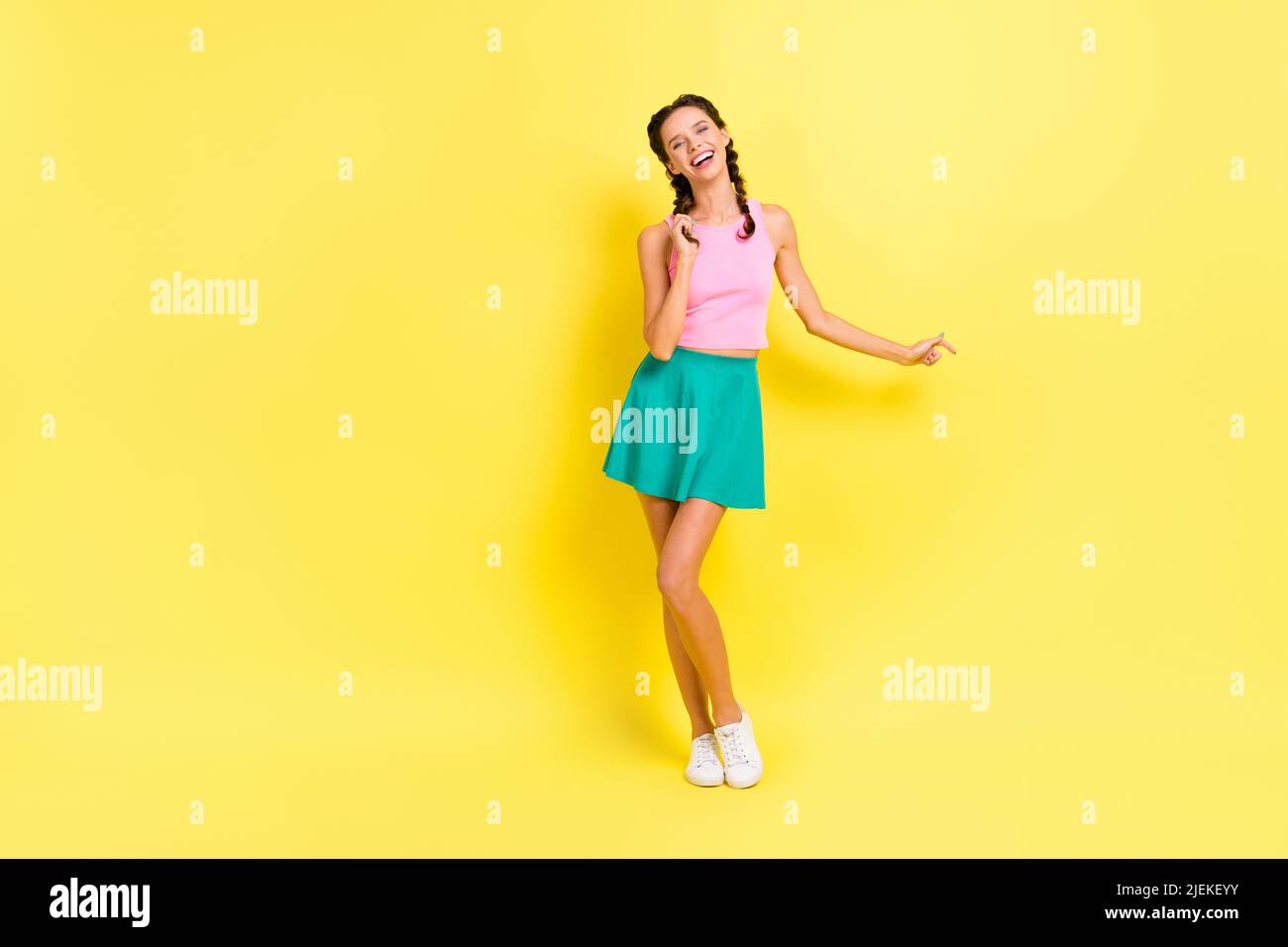 Full Size Photo Of Optimistic Nice Brunette Lady Dance Wear Pink Top