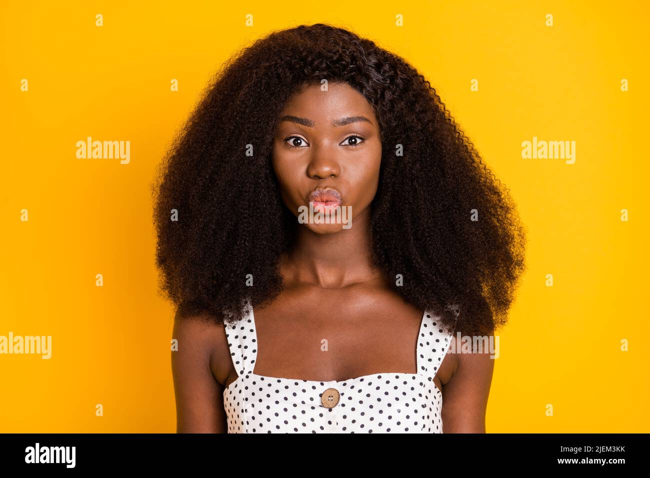 Portrait Of Nice Optimistic Brunette Lady Blow Kiss Wear White Top